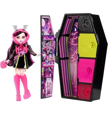 Monster High Skulltimate Secrets Neon Frights Muñeca y Accesorios, Draculaura con Vestidor y +19 Sor MONSTER HIGH NEON FRIGHTS
